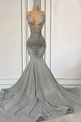 Silver Halter Long Satin Mermaid Prom Dresses with Beadings