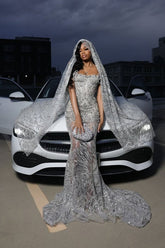 Silver Sparkle Beaded Court Train Sweetheart Sleeveless Mermaid Prom Dresses