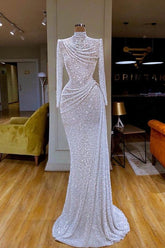 Sparkle White Sequin Long sleeves Pleated Mermaid Long Prom Dresses