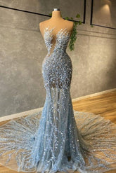 Tulle Strapless Hot Sequin Sparkle Beaded Column Court Train Prom Dresses