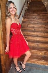 Sweetheart Red Lace Corset A-Line Homecoming Dresses