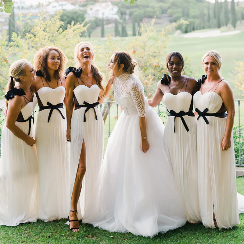 Unique Blue And Ivory Sweetheart Pleats Side-Slit A-Line Long Bridesma Unique Blue And Ivory Sweetheart Pleats Side-Slit A-Line Long Bridesma