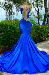 V-neck Mermaid Appliques Sequined Open Back Lace One Shoulder Floor-length Sleeveless Prom Dresses