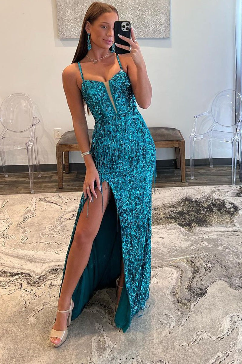 Sparkly Sheath Spaghetti Straps Sequins Long Prom Dresses With Split, Peacock / 18 Sparkly Sheath Spaghetti Straps Sequins Long Prom Dresses With Split, Peacock / 18