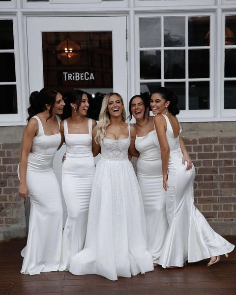 Mermaid Square Floor Length White Satin Bridesmaid Dresses Wedding Gue Mermaid Square Floor Length White Satin Bridesmaid Dresses Wedding Gue