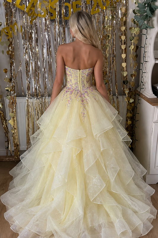 Stunning V-Neck Appliques A-Line Ruffles Long Yellow Prom Dresses