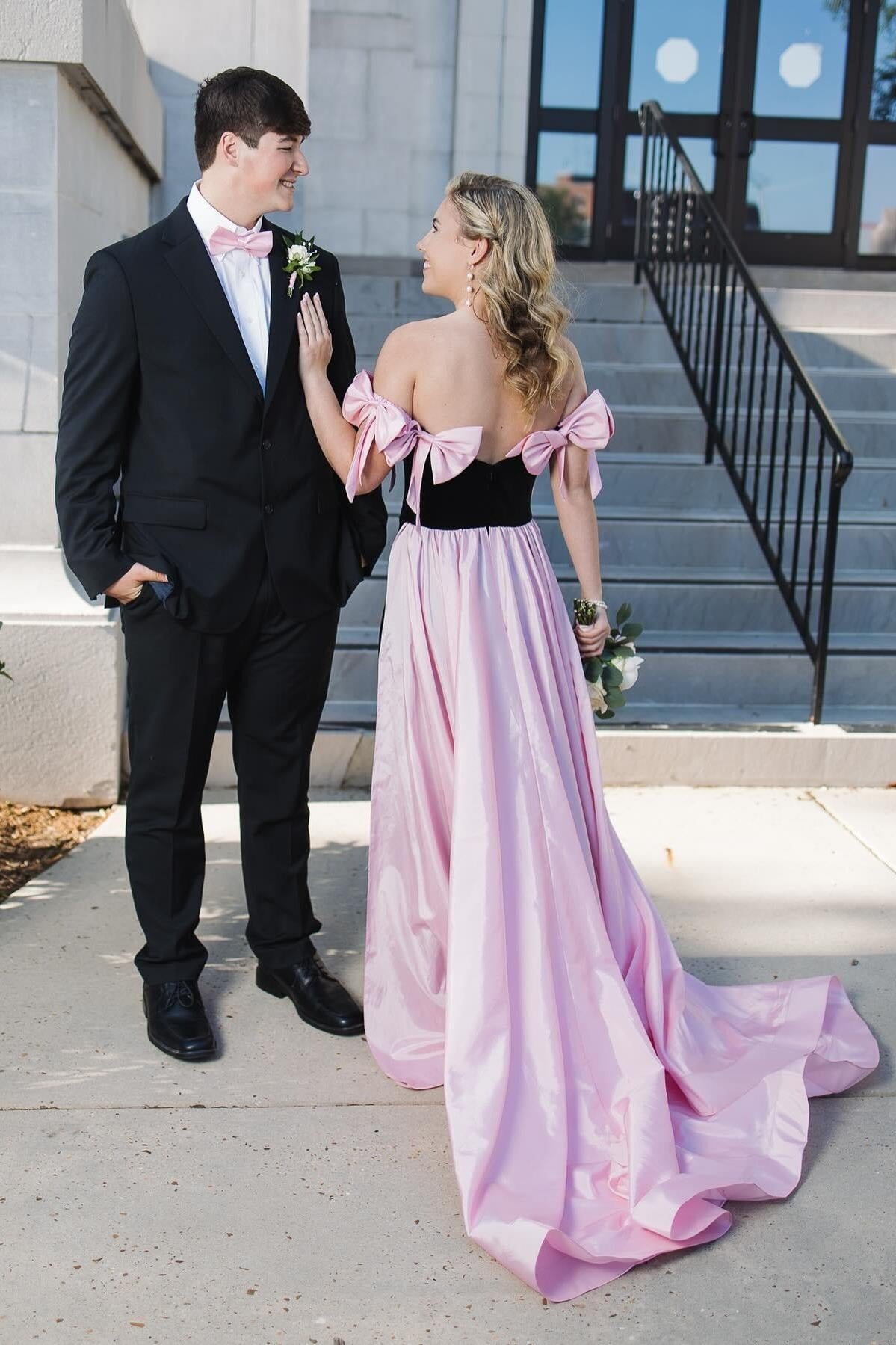 Mermaid Strapless Black Satin Long Prom Dresses with Pink Bows