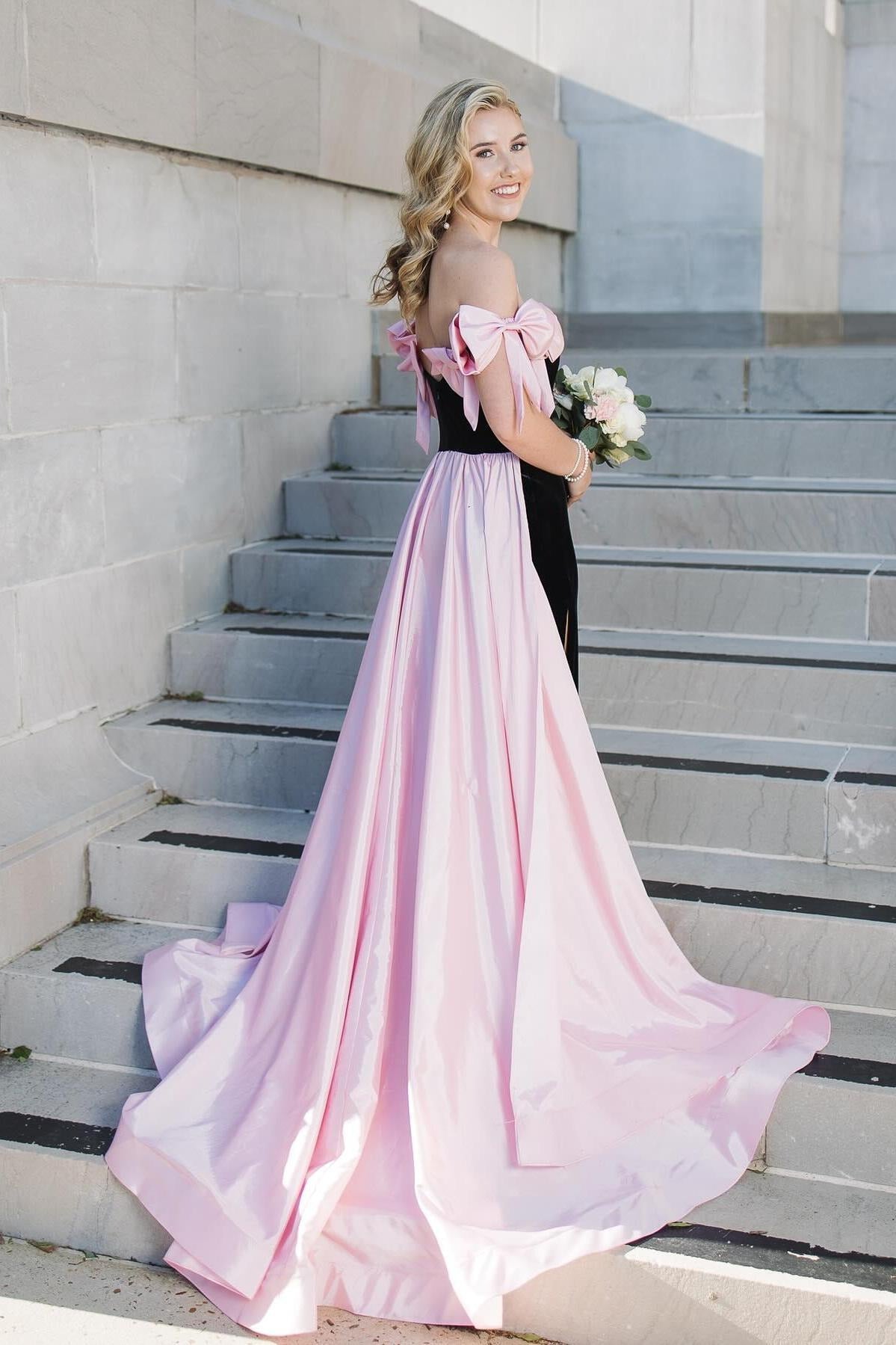 Mermaid Strapless Black Satin Long Prom Dresses with Pink Bows