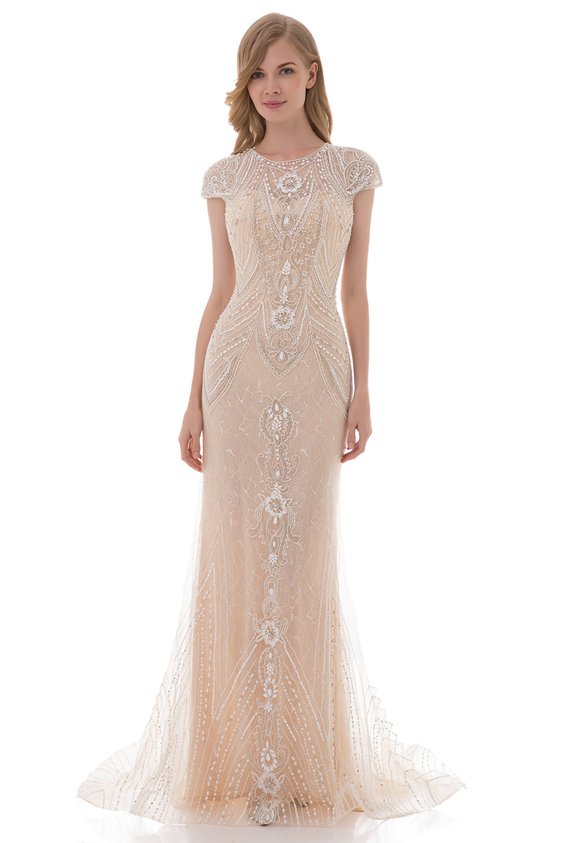 Formal Champagne Lace With Beaded Cap Sleeves Long Evening Dress luladress Formal Champagne Lace With Beaded Cap Sleeves Long Evening Dress luladress