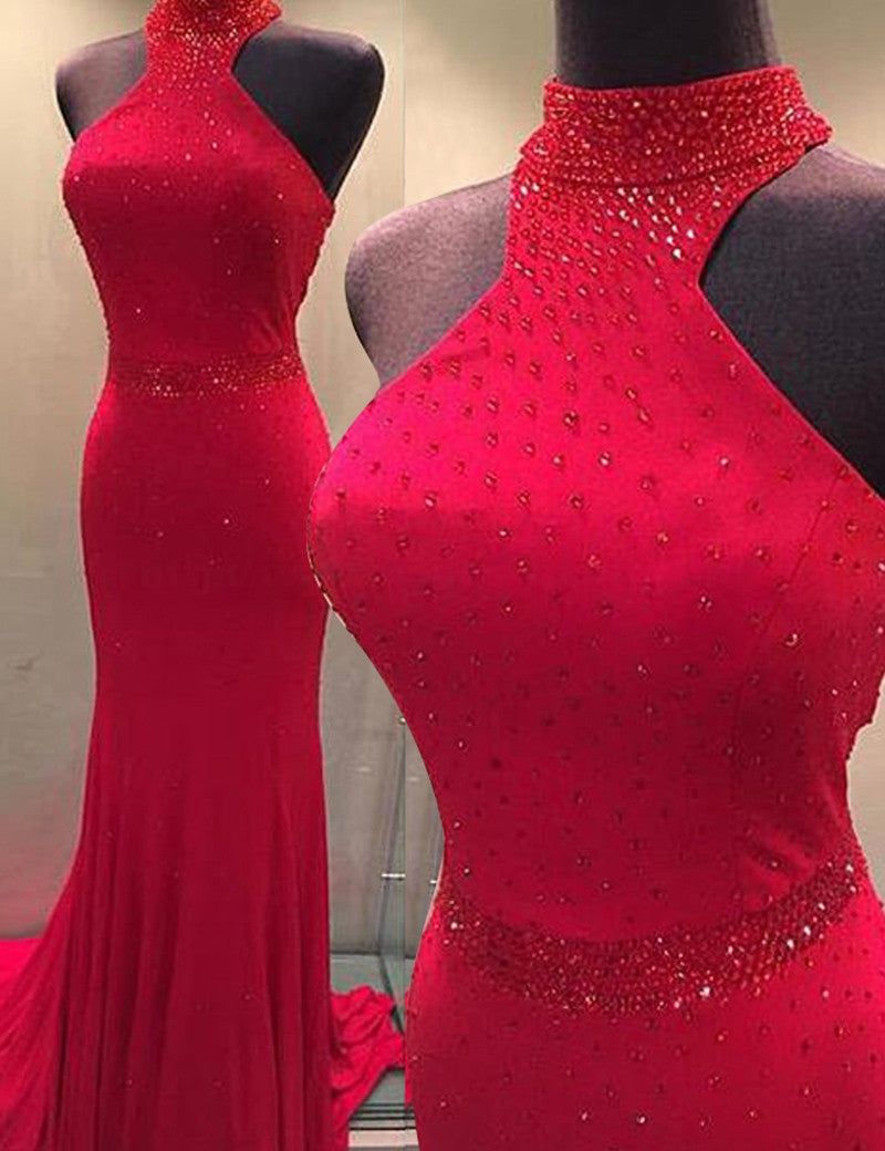 red Prom Dress,sheath prom dress,long prom dress,formal prom dress,high neck prom dress