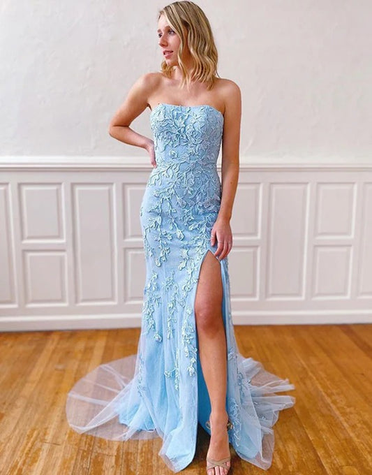 Long Strapless Light Blue Mermaid Prom Dresses
