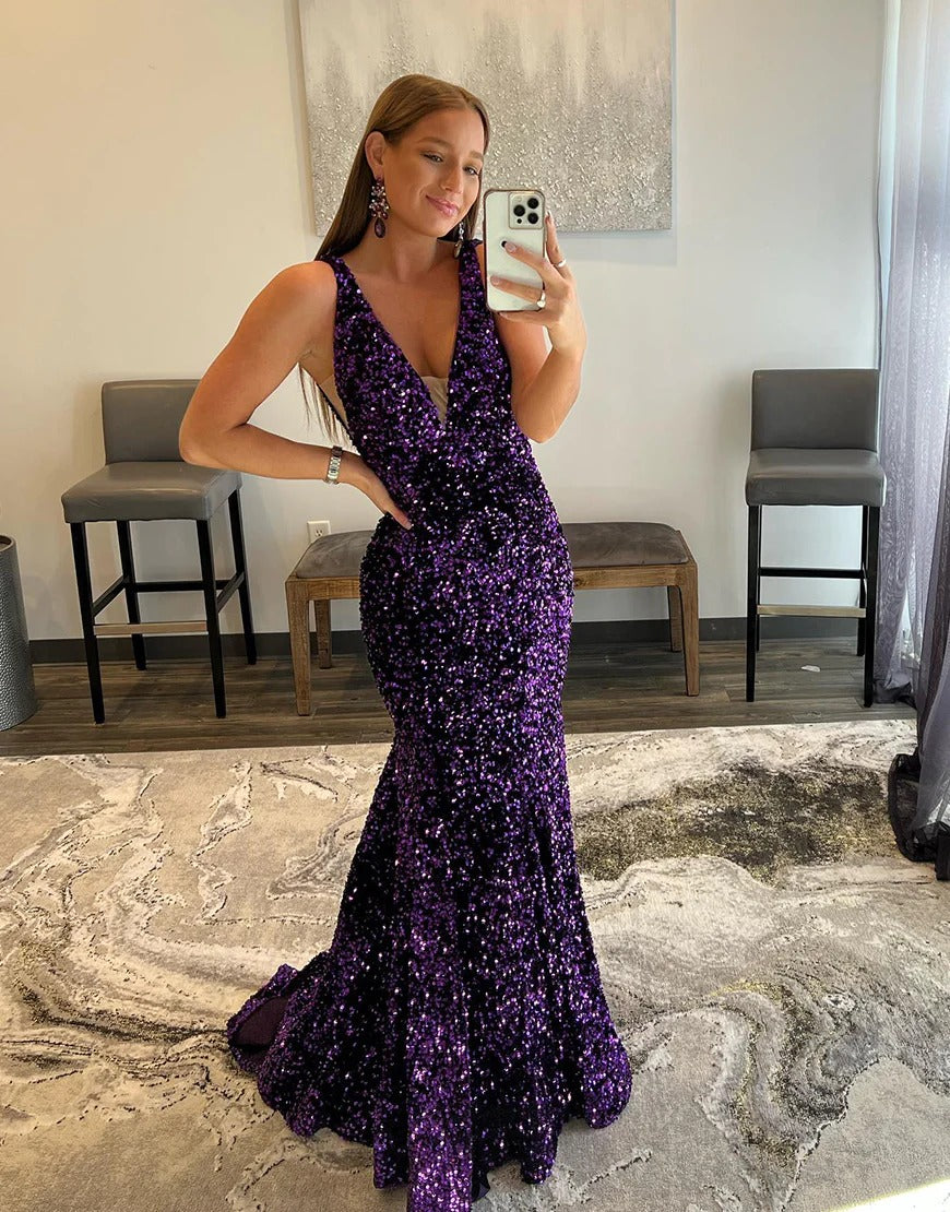 Purple V-neck Mermaid Long Prom Dresses,Evening Dresses Purple V-neck Mermaid Long Prom Dresses,Evening Dresses