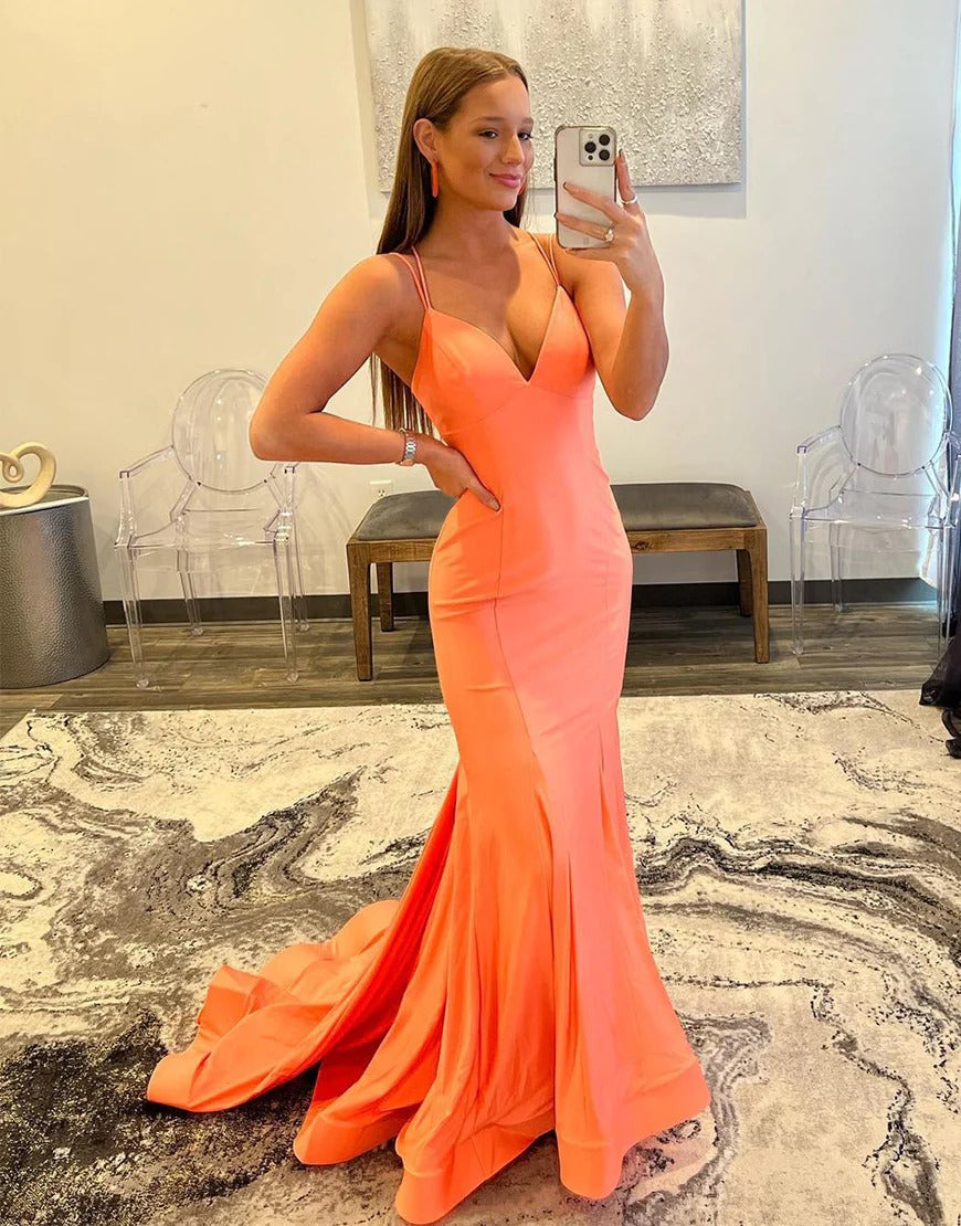 Mermaid Orange Tight Backless Long V Neck Prom Dresses luladress Mermaid Orange Tight Backless Long V Neck Prom Dresses luladress