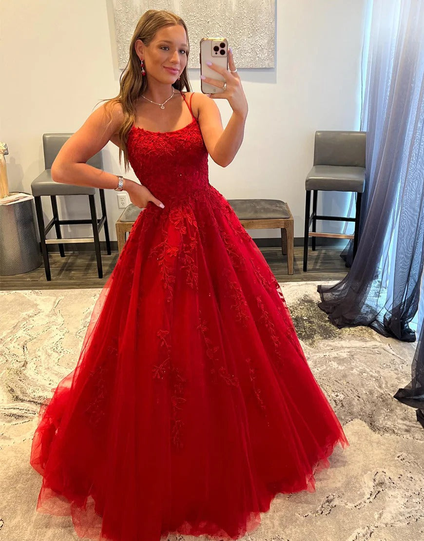 Princess A Line Long Red Prom Dresses with Appliques luladress Princess A Line Long Red Prom Dresses with Appliques luladress