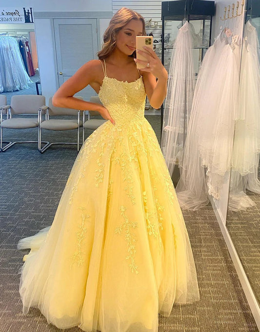 Princess Long Daffodil Prom Dresses with Appliques,Evening Dresses
