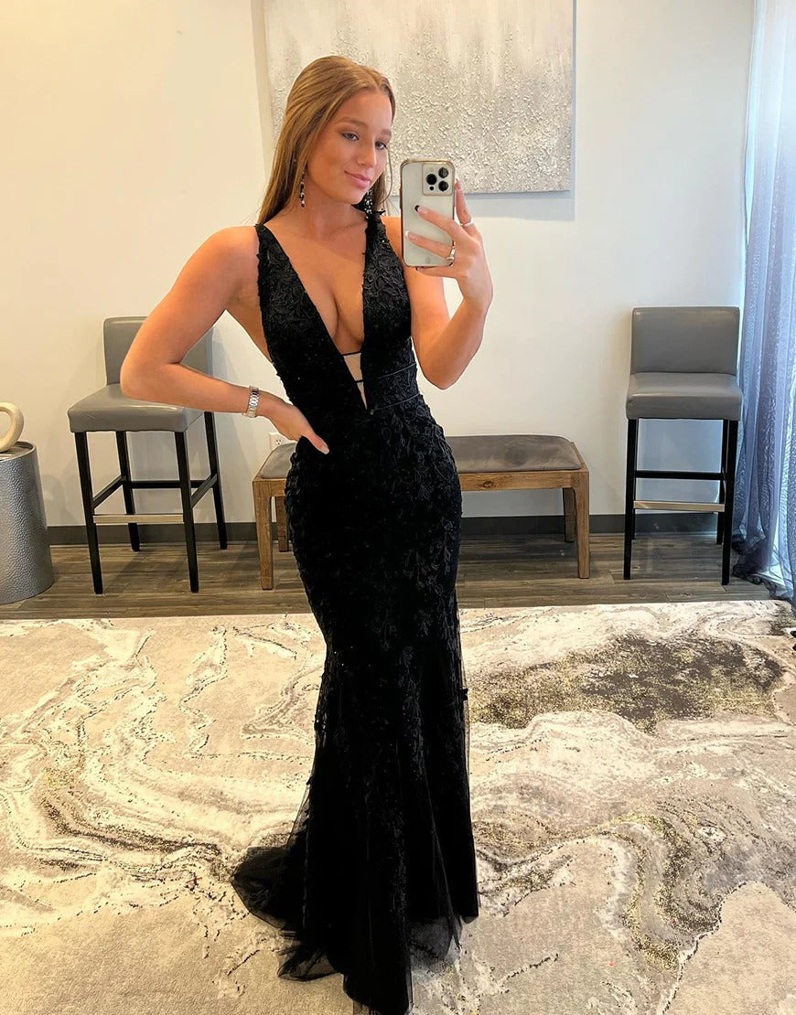 Deep V-neck Mermaid Long Black Prom Dresses Custom Color / Custom Size Deep V-neck Mermaid Long Black Prom Dresses Custom Color / Custom Size