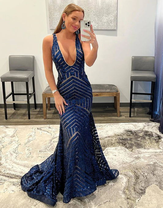 Deep Sequin Mermaid Orange  V-neck Prom Dresses