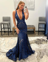 Deep Sequin Mermaid Orange V-neck Prom Dresses