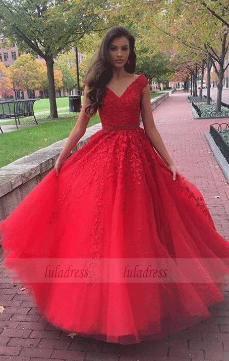 Cap Sleeves Evening Dress,modest prom dress,red formal dress
