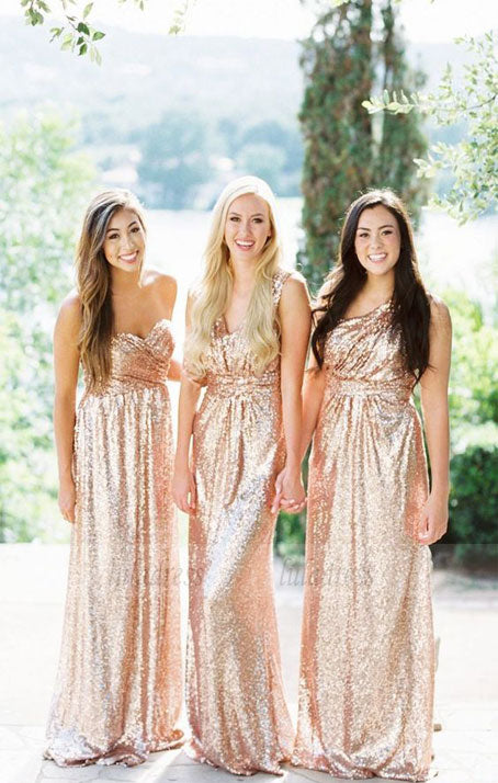 Sweetheart Rose Gold Bridesmaid Dress, Sparkly Sequin Bridesmaid Dress, Mismatched Long Bridesmaid Dresses