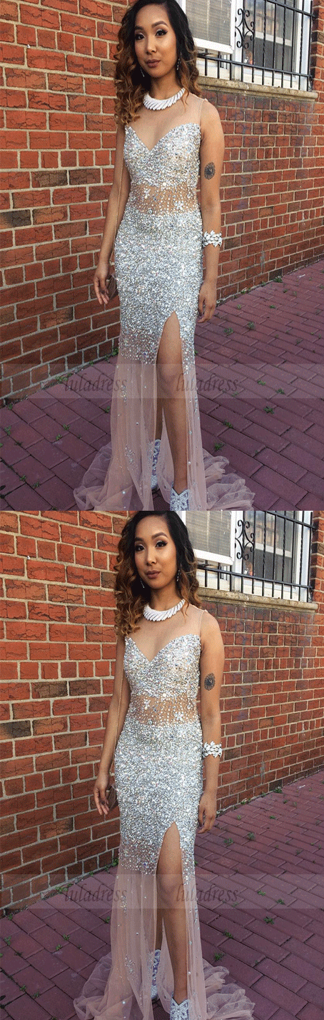 Charming Prom Dress,Crystal Beaded Mermaid Prom Dress with Slit