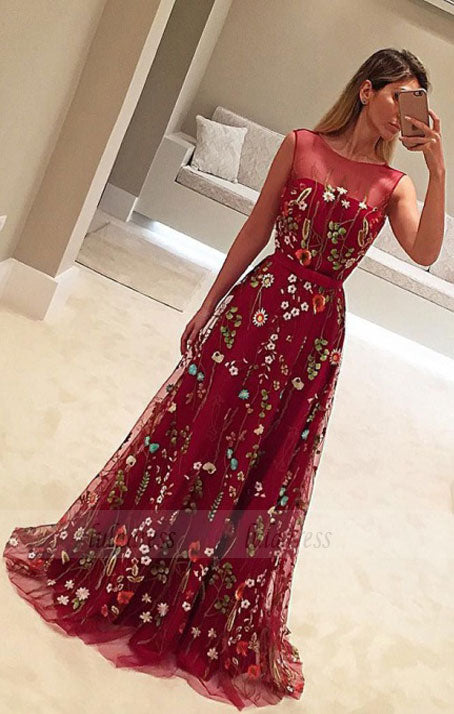 A-Line Crew Sweep Train Flower Print Burgundy Tulle Prom Dress with Be A-Line Crew Sweep Train Flower Print Burgundy Tulle Prom Dress with Be