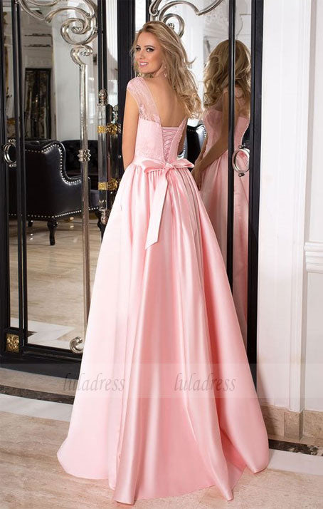 Elegant A-line Pink Long Satin Prom Dress Party Dress
