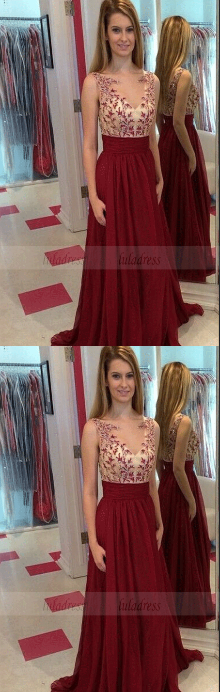 Boat Neckline Prom Dress with Appliques and Beading