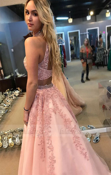 two piece  long prom dress,high neck long prom dress with open back