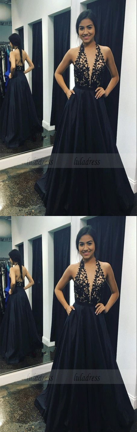 Backless Sexy A Line Long Satin Black Lace Evening Gown