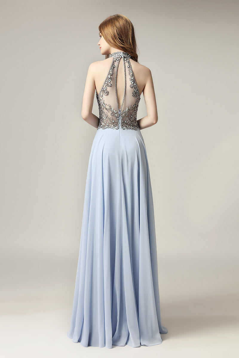 Elegant A line Straps Light Sky Blue Floral Chiffon Sleeveless Long Evening Party Gowns Evening Formal Dresses Prom Dress W951