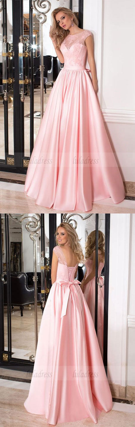 Elegant A-line Pink Long Satin Prom Dress Party Dress
