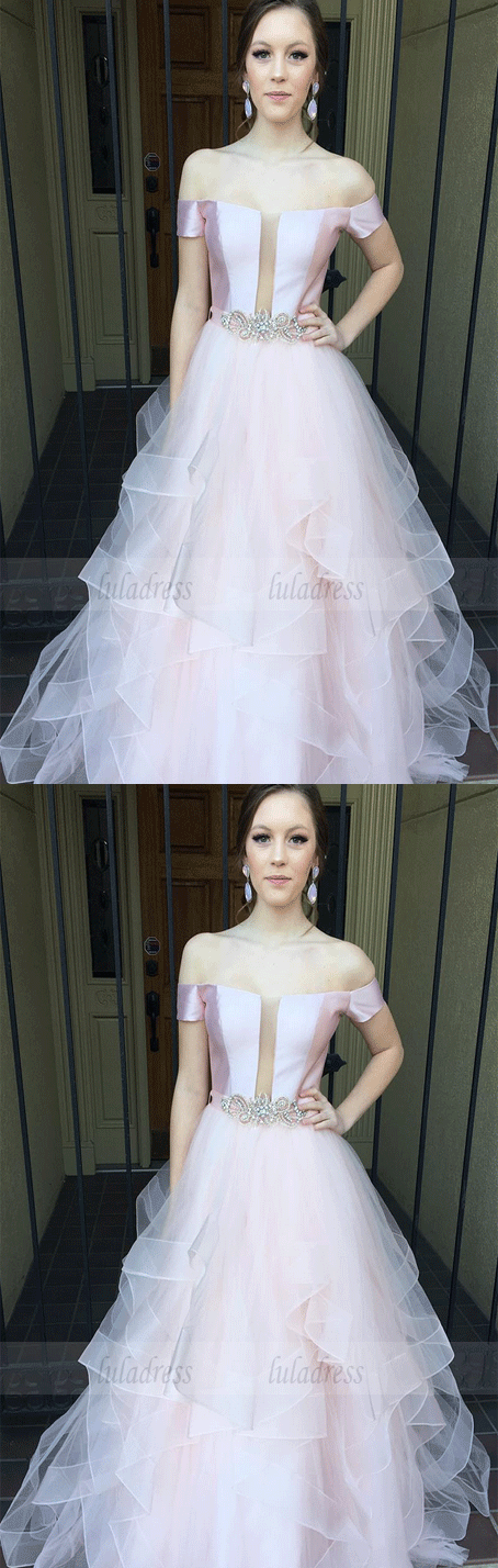 Long Prom Dress, Princess Off the Shoulder Pink Long Prom Dress