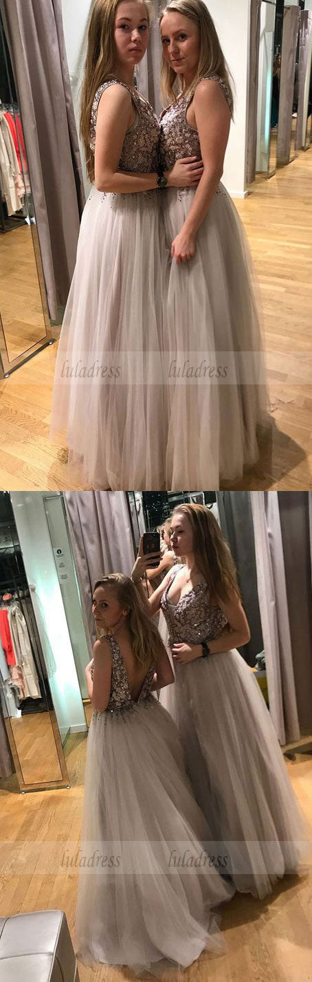 A-Line V-Neck Backless Floor-Length Light Grey Prom Dress with Beading