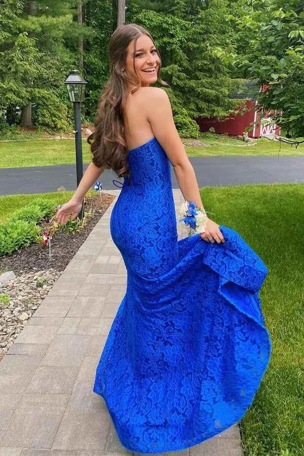 Lace Strapless Royal Blue Prom Dresses with Slit