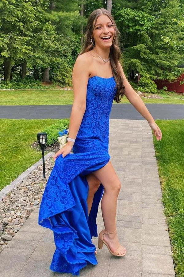 Lace Strapless Royal Blue Prom Dresses with Slit