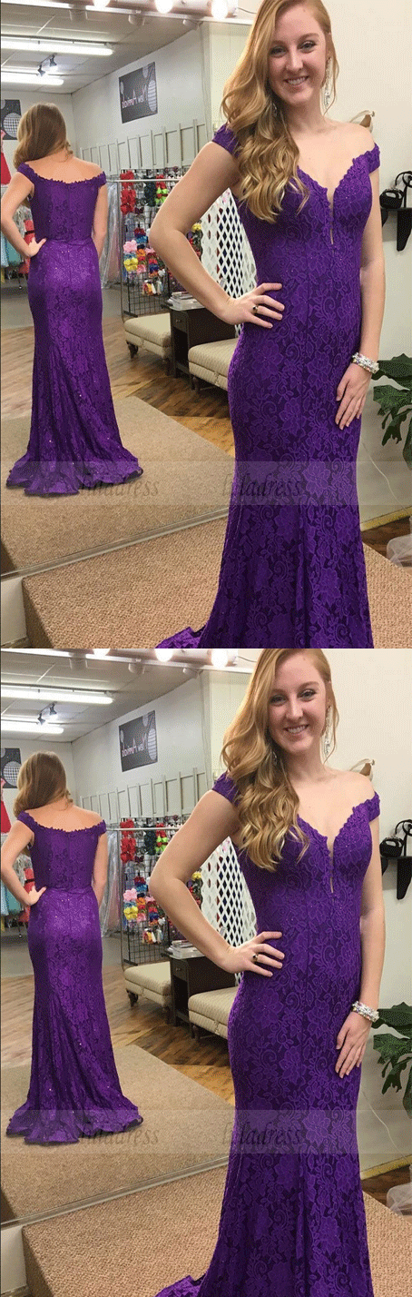 Charming Off the Shoulder Prom Dresses,Mermaid Purple Prom Dresses