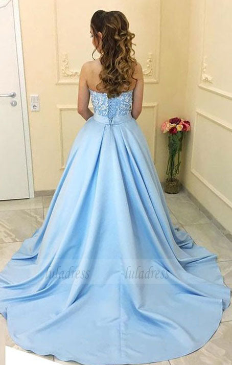 A-line Sweetheart Sweep Train Satin Appliqued Prom Dresses