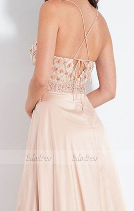 A-Line Spaghetti Straps Sweep Train Beige Prom Dress with Beading Split