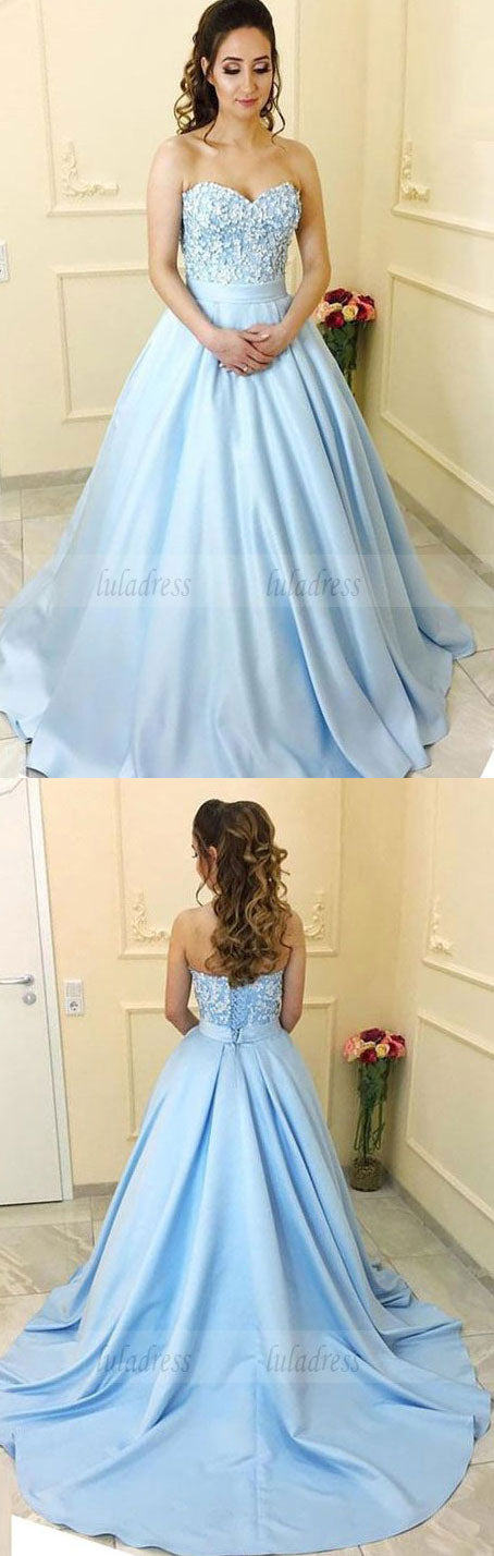 A-line Sweetheart Sweep Train Satin Appliqued Prom Dresses