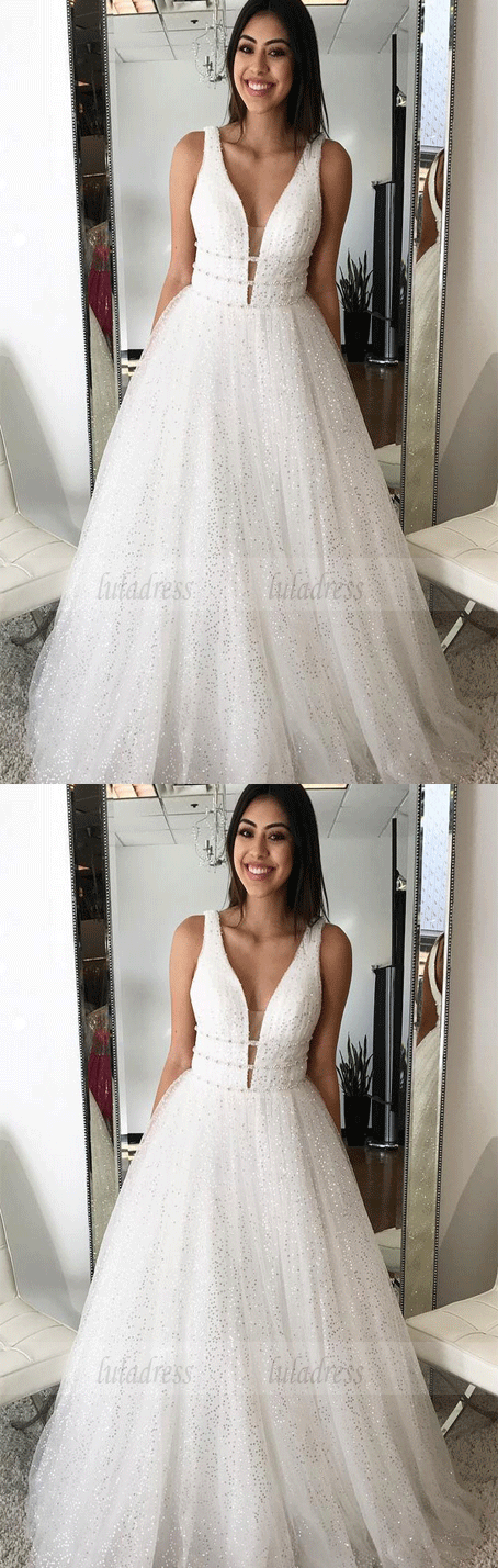 A-line Princess Deep V Neck Sleeveless Floor Length Prom Dresses