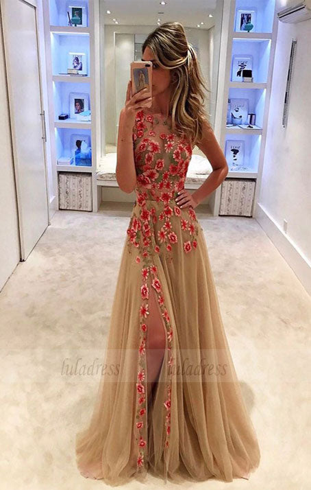 tulle applique long prom dress, evening dress
