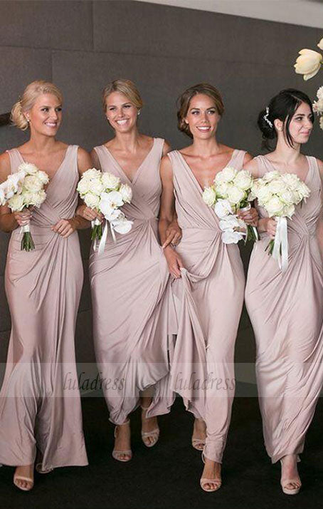 V-Neck Peal Pink Satin Ankle-Length Bridesmaid Dress V-Neck Peal Pink Satin Ankle-Length Bridesmaid Dress