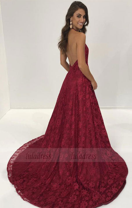 elegant halter deep v neck burgundy lace long evening dress with slit, formal evening dress