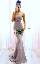Mermaid Spaghetti Straps Sweep Train Bridesmaid Dress with Lace, long bridesmaid dresses