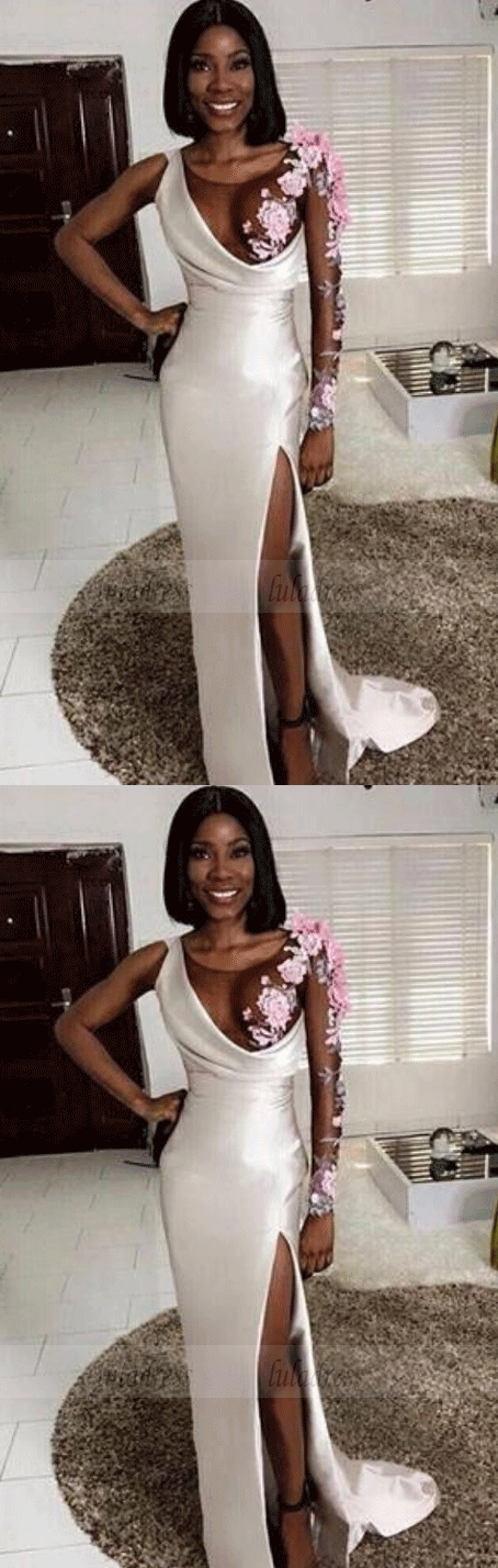 One Long Sleeve Prom Dresses Side Split Satin Formal Party Dress