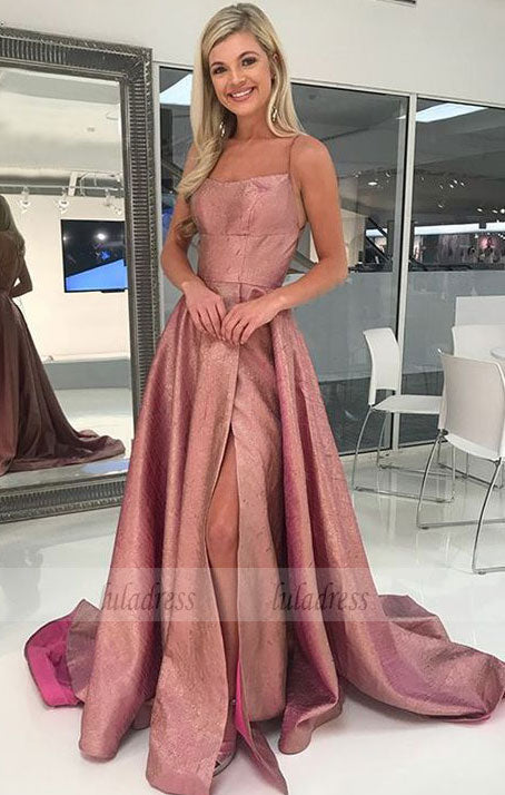 A-Line Spaghetti Straps Backless Sweep Train Rose Pink Prom Dress with Pleats