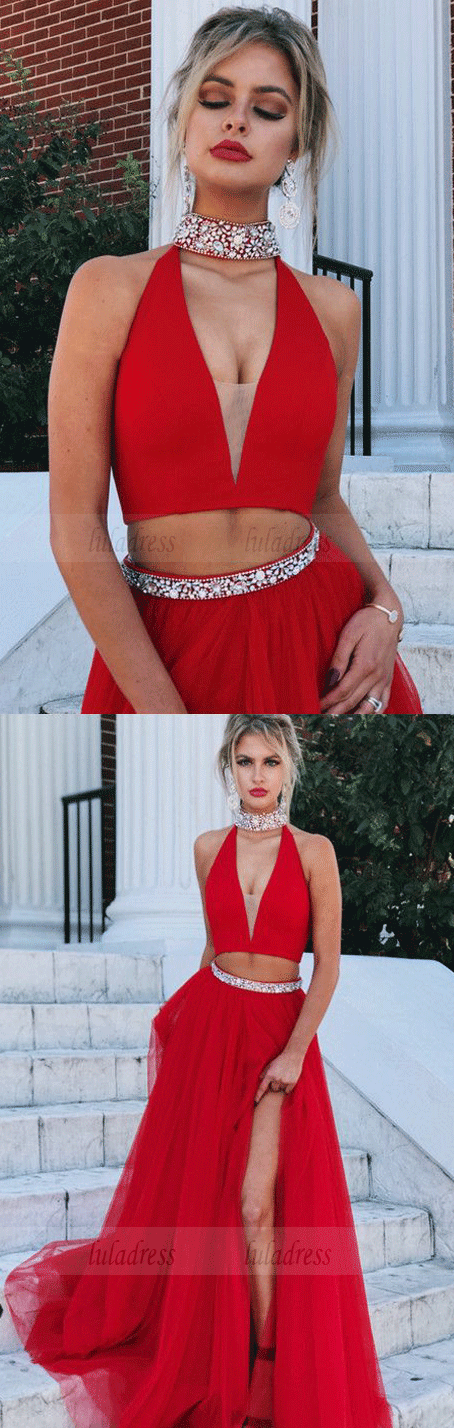 two piece prom dress,high neck prom dress,tulle prom dress,red evening gowns