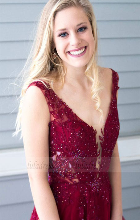 V-Neck Floor-Length Prom Dress with Appliques Beading