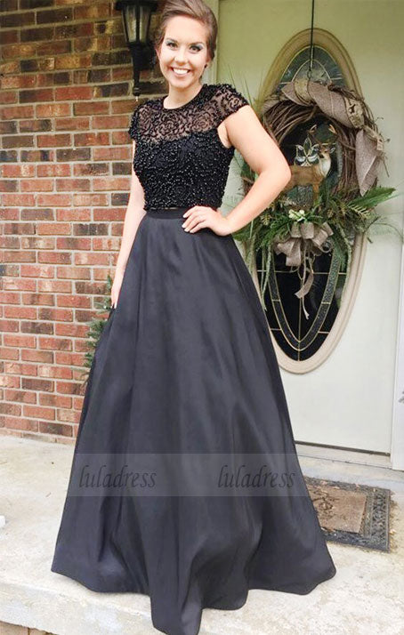 Two Piece Black Open Back Beading Jewel Cap Sleeves Sweep Train Prom Dress